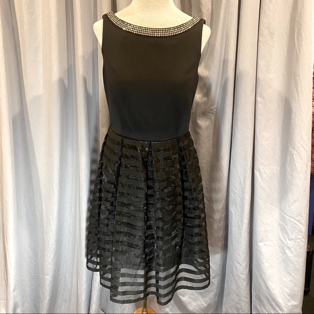 Cocktail dress 37.5” in length.  Waist 29.5”. Bottom is striped sheer.